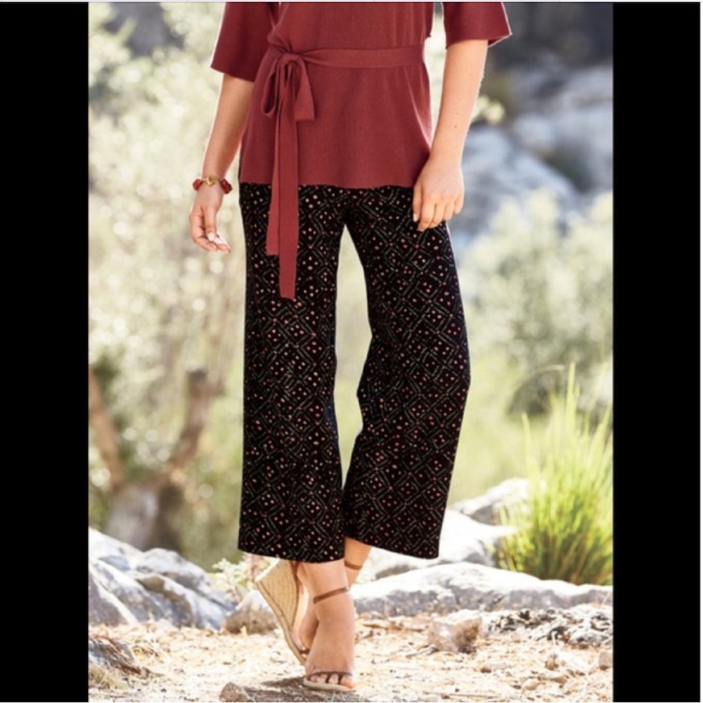 Peruvian Connection Shibori Printed Black Cropped Wide Leg Pants Sz 10 USA Made